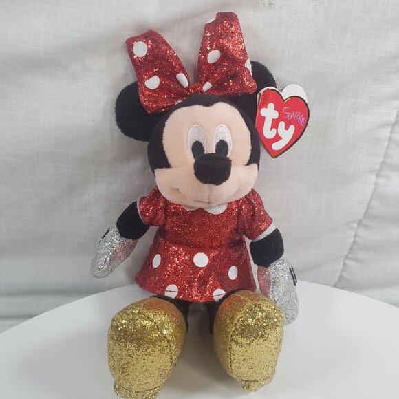Ty Disney Sparkle Minnie Mouse Medium 8" Plush Red Polka Dot Dress NWT 2021 - Picture 1 of 9